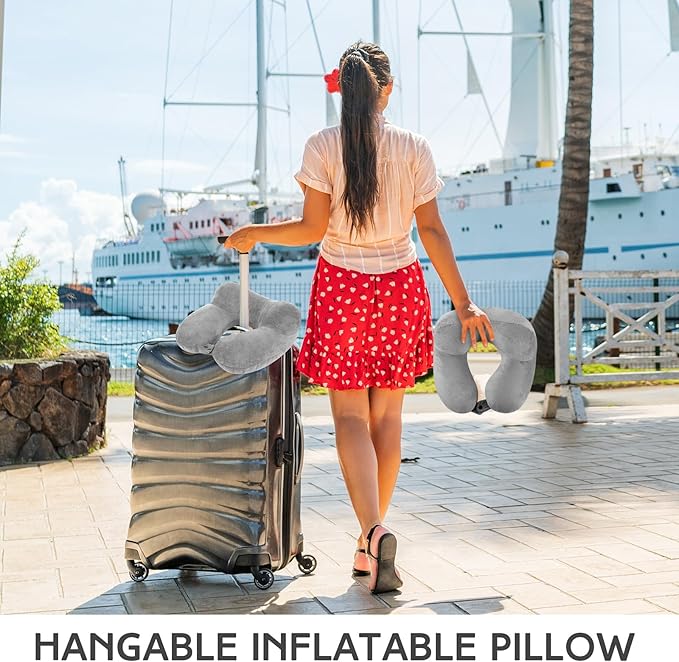 Sintuff 2 Pack Inflatable Travel Pillow for Airplanes Inflatable Neck Pillows with Compact Bag and Blindfold Soft Flight Pillow for Traveling, Airplane, Train, Car, Office(Gray)