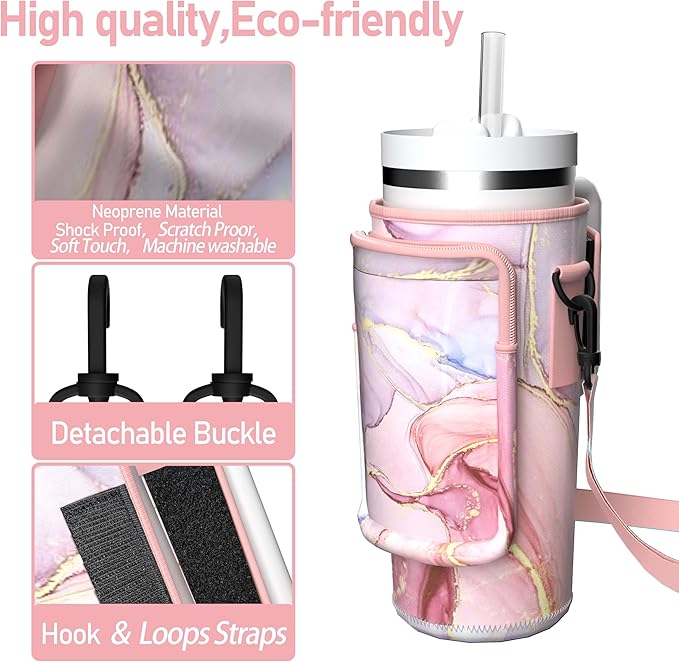 Water Bottle Carrier Bag with Phone Pocket for 40oz Tumbler with Handle, Adjustable Strap Neoprene Water Bottle Sleeve Pouch for Hiking Camping Travelling. (Pink Marble)