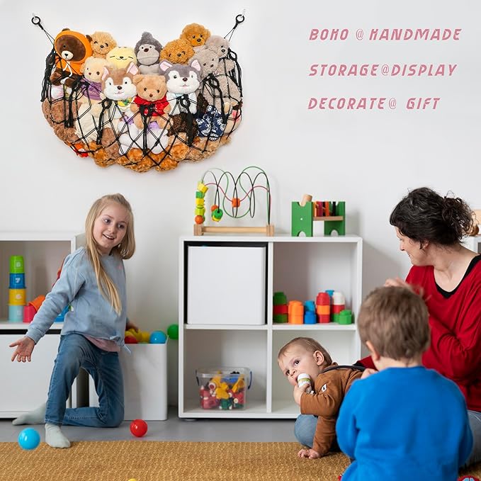 Large Stuffed Animal Net Hammock Macrame Toy Diaplay Plush Toy Holder Ceiling Hanging Net for Stuffed Animal Storage Kid Bedroom Boho Nursery Decor (Black, Small)