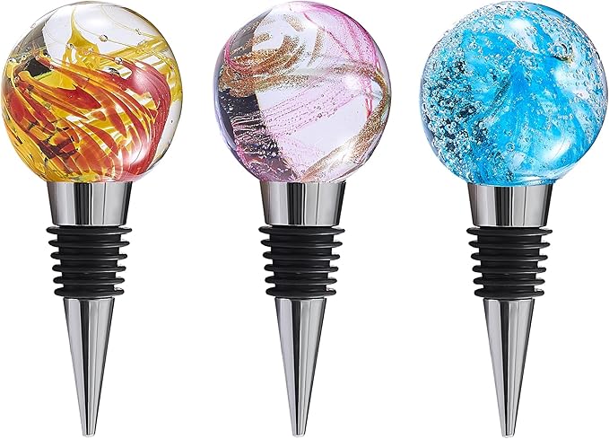 Multicolor Art Murano Glass Wine Stopper, Exquisite Wine Bottle Stopper, Colorful Leak-Proof and Reusable Wine Saver, Decorative Bottle Stoppers for Gifts, Bar, Holiday Party, Wedding, Pack of 3