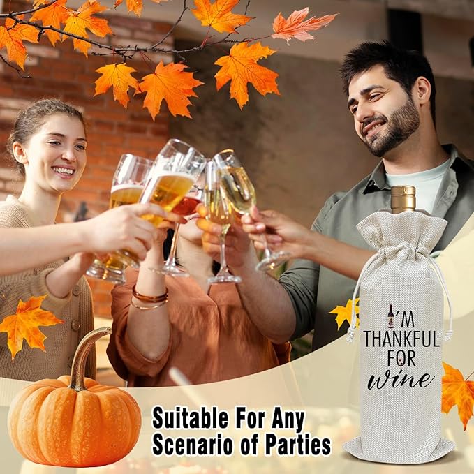 Wine Canvas Bag, Thanksgiving Wine Gift Bag, Thanksgiving Gifts for Friend Bestie Wife Autumn Harvest Party Wine Bags for Wine Bottles, Wine Gifts With Drawstring Holiday Fall Party Decoration -WB38