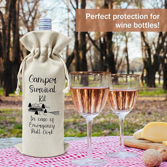 Camper Gift Wine Gift Bag, 1pcs Camper Survival Kit Reusable Burlap Drawstring Wine Gifts Bag for Wine Bottles, Birthday Camping Holiday Party Favor -01