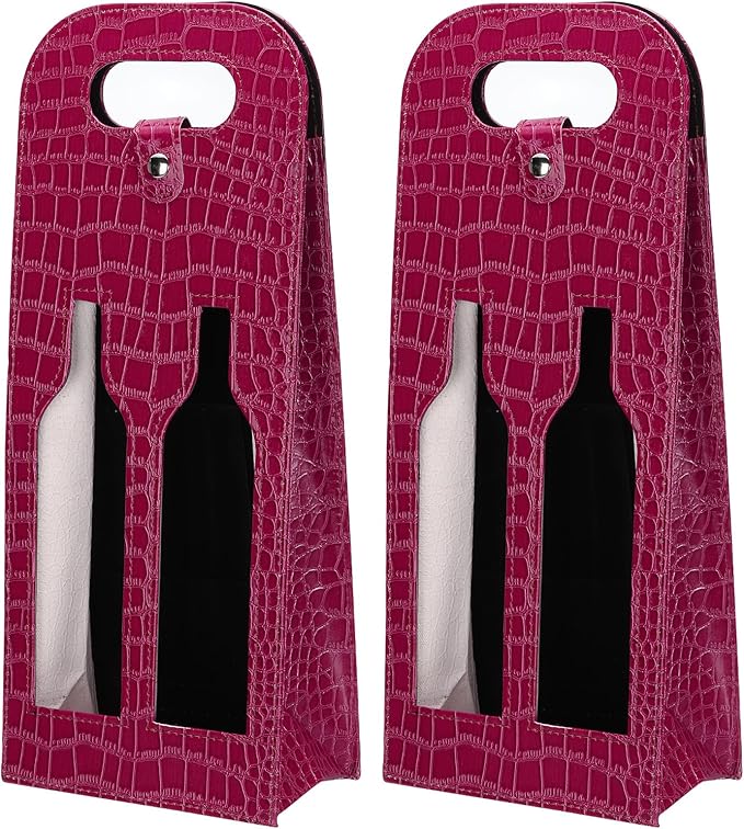 PATIKIL 2 Bottle Wine Gift Bag, 2 Pack Wine Bag Reusable Leather Wine Tote Carrier for Wine Bottles Portable Champagne Gift Bags for Picnic Party Wedding, Red-2