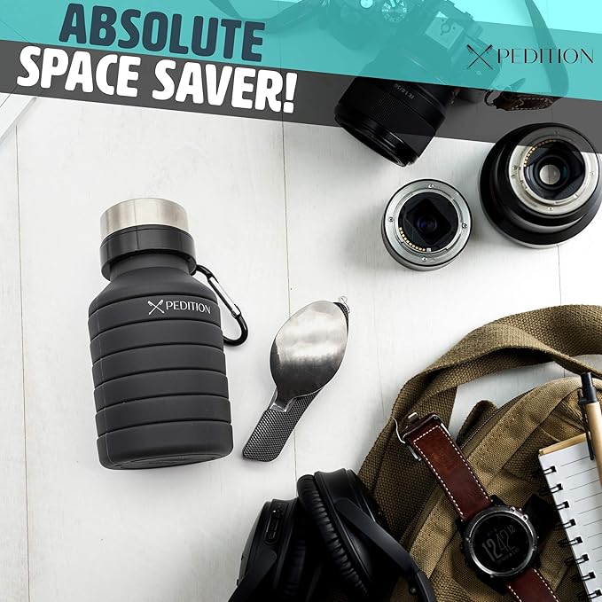 Collapsible Water Bottle, Stainless Steel Fork Knife Spoon Bottle Opener Travel Cutlery, Flat Folding Camping silverware utensils, Lunch Cutlery, Survival Gear, Flatware Tableware - Hiking Equipment