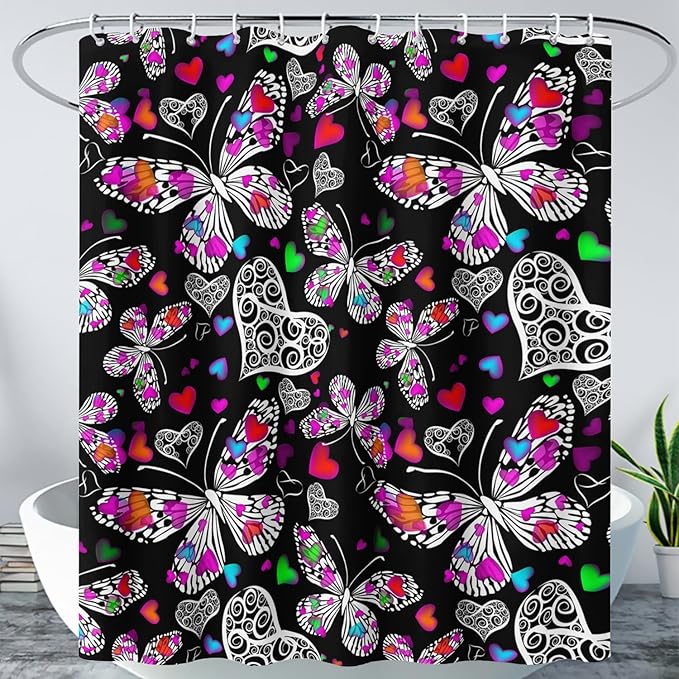 AILONEN Colorful Butterfly Shower Curtain for Bathroom Decor,Beautiful Butterfly Bath Curtain for Kids Women Girls,Pint Polyester Waterproof with 12 Plastic Hooks 72" W*96" H