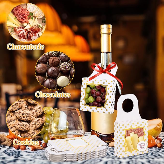 ISKYBOB 20PCS Wine Bottle Box with Window, Kraft Paper Wine Boxes for Birthday Gifts Hanging Wine Treat Box Mini Charcuterie Boxes Champagne Bottles Gift Boxes Candy Box for Party Favor (White Gold)