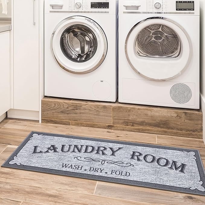 Ottomanson Laundry Collection Non-Slip Rubberback Laundry Text Design 2x5 Laundry Room Runner Rug, 20" x 59", Light Gray