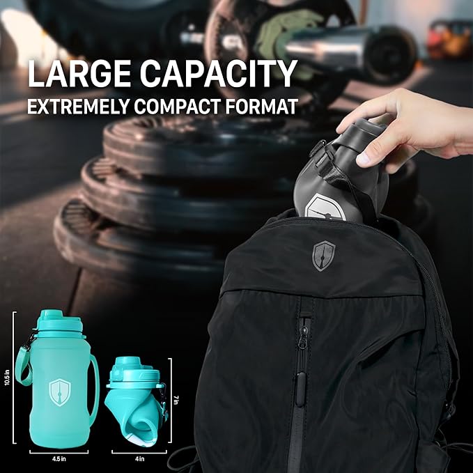 Collapsible Water Bottle for Traveling, Workout or Hiking 64oz Gen 2.0 - Motivational Water Bottle with Time Markings - Half Gallon / 2 L Capacity - BPA Free & Dishwasher Safe (Fresh Teal + Filter)