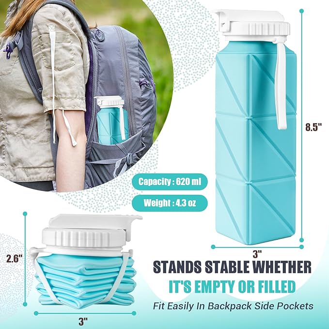 Collapsible Travel Water Bottles, Food Grade BPA Free Silicone Foldable Water Bottle, Leakproof Portable Expandable Water Bottles for Traveling, Camping, Hiking, Cycling & Sports Outdoor 620ml(2 Pack)
