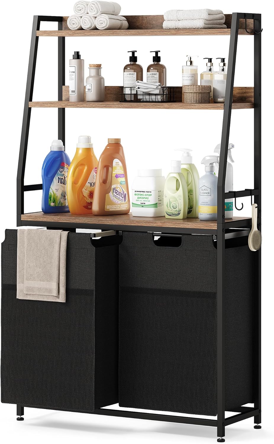Lulive Double Laundry Hamper with Shelf, Laundry Basket with 3 Tier Storage Shelves & 4 Removable Hooks, Tall Laundry Sorter Clothes Hamper with Pull-Out Bags for Bathroom, Laundry Room