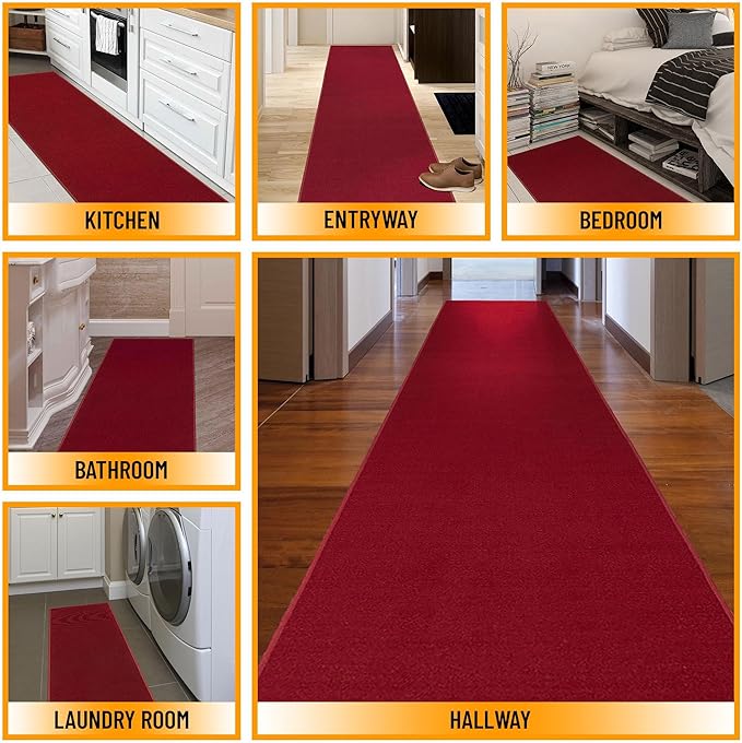 Machine Washable Modern Solid Design Non-Slip Rubberback 3x10 Traditional Runner Rug for Hallway, Kitchen, Bedroom, Living Room, 2'7" x 9'10", Red