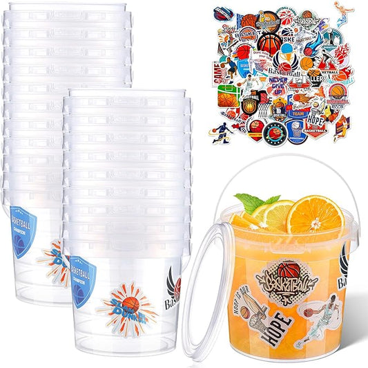 PerKoop 20 Pcs 32 oz Basketball Ice Cream Buckets with Lids and Handles Clear Cocktail Rum Buckets for Drinks with 200 Stickers Plastic Transparent Tub Reusable Food Storage Containers for Parties