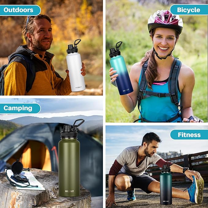 Insulated Water Bottle with Straw&3 Lids 40oz Stainless Steel Water Bottles Metal Water Bottle Double Walled Vacuum Insulated Bottles Thermos Leak-Proof Travel Thermal (Gradient Green Black)