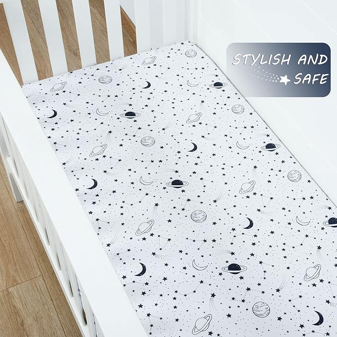JISEN Baby Crib Sheet 1 Piece Portable Fitted Crib Sheet for Standard Crib and Toddler Mattresses Nursery Bed Decor for Boys Girls 28x52 Inch Stars Planets