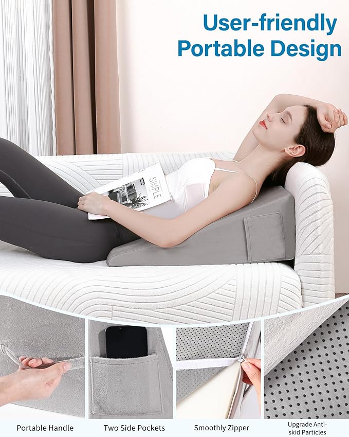 Bed Wedge Pillow for Sleeping, 7.5 Inch Triangle Pillow Wedge for After Surgery, Memory Foam Top Wedge Pillow for Anti-snoring Acid Reflux Gerd with Machine Washable Plush Cover