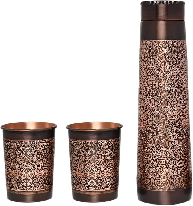 Pure Copper Water Bottle with 2 Tumblers Set, Beautiful Floral Pattern Light House Shape For Ayurveda Health Benefits
