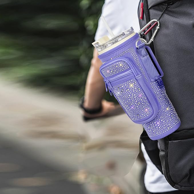 Bling Water Bottle Carrier Bag with Phone Pocket,Water Bottle Holder Bag for Stanley Cup Accessories,Cup Holder with Adjustable Shoulder Strap with Stanley 40 & 30 oz Tumbler,Purple