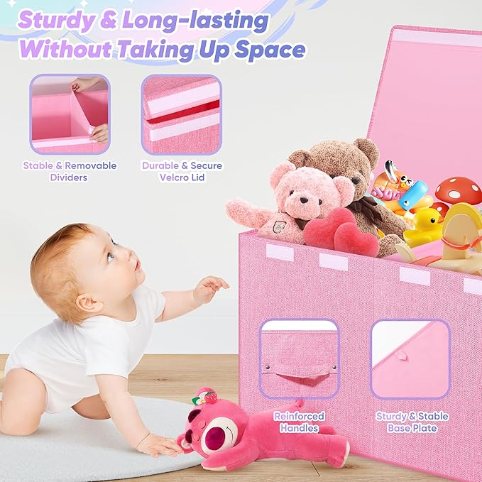 Extra Large Toy Box, Toy Box for Kids Boys Girls, Collapsible Sturdy Toy Storage Organizer with Mesh Pockets, 41"x14"x16" Kids Toy Chest Boxes Bins Baskets for Nursery, Playroom, Pink