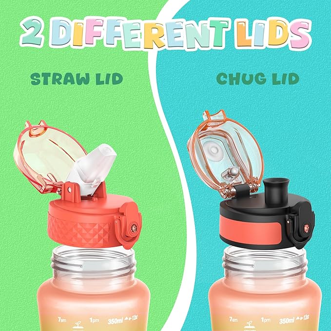 OLDLEY Kids Water Bottle for School, 12 oz (2 lids) BPA-Free Reusable Leak-proof Durable Tritan Plastic Water Bottles with Straw & Chug Lids, Anti-dust Spout Cover (Sweet Orange)