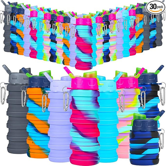 Sunnyray 30 Pack Collapsible Water Bottles 17oz Silicone Portable Water Bottle Bulk Foldable Leak Proof Water Bottle Reusable Camouflage Sports Bottles with Clip for Travel Hiking Camping Outdoor