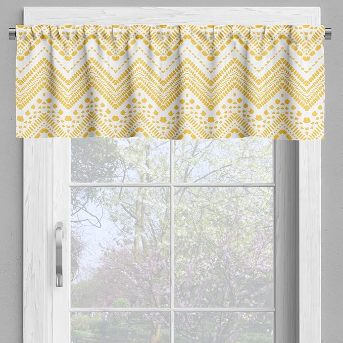 Ambesonne Yellow Chevron Valance & Tier Curtain 3 pcs Set, Hand Drawn Aztec Pattern Primitive Clan Motif with Dashed Lines Artwork, Window Treatments for Kitchen Room Decor, 55" x 36", Mustard White