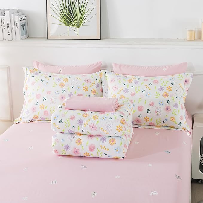 Wajade Floral Comforter Set Bed in A Bag Queen Size 7 Piece Botanical Flower Green Leaves Rabbits Bedding Set for Girls (1 Comforter, 1 Flat Sheet, 1 Fitted Sheet, 2 Pillowcase and 2 Pillow Sham)