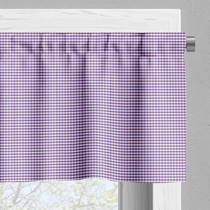 Ambesonne Checkered Valance & Tier Curtain 3 pcs Set, Purple and White Colored Gingham Checks Rows Picnic Theme Vintage Style Print, Window Treatments for Kitchen Room Decor, 55" x 30", Purple White
