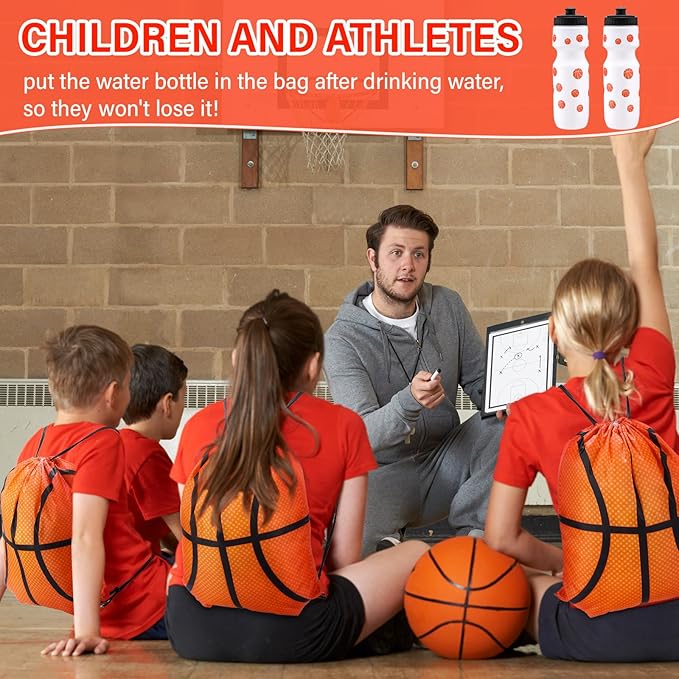 Talltalk 4 Pcs Basketball Party Favors 24 oz Basketball Water Bottle Gift for Basketball Team with Drawstring Bag Basketball Tumbler Cup Sports Themed Accessories for Event Gift Supplies