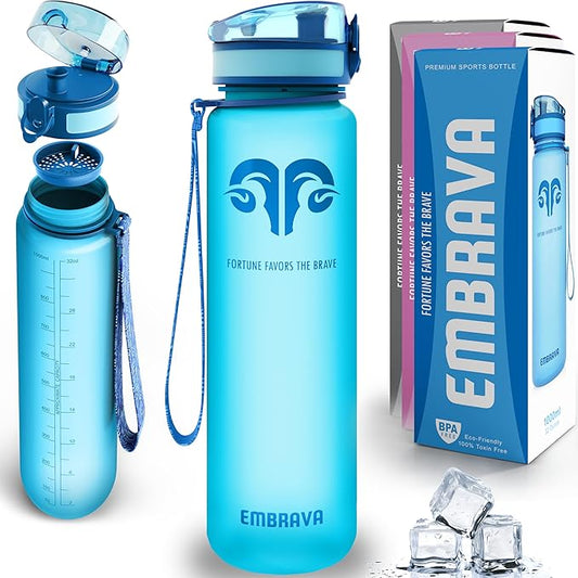 Embrava Sports Water Bottle - 32oz Large - Fast Flow Quick Sip Lid - BPA & BPS Free - Leakproof, Flip Top - Lightweight & Sturdy Tritan Plastic - Strainer for Fruit & Ice