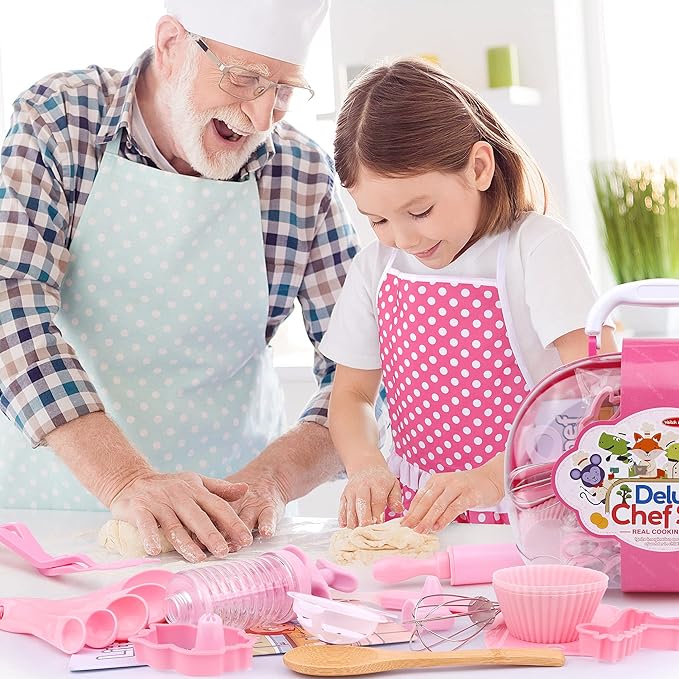 Kids Cooking and Baking Supplies Set 38 Pcs Includes Apron Hat Mitt and Decorating Supplies Dress Up Chef Costume Role Play Gifts for 3 4 5 6 7 8 Year Old Girls Boys