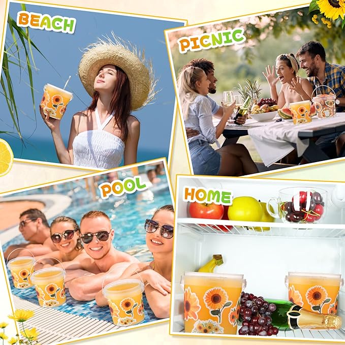 PerKoop 20 Pcs 32 oz Ice Cream Buckets with Lids and Handles Clear Cocktail Rum Buckets for Drinks with 200 Sunflower Stickers Plastic Transparent Tub Reusable Food Storage Containers for Parties