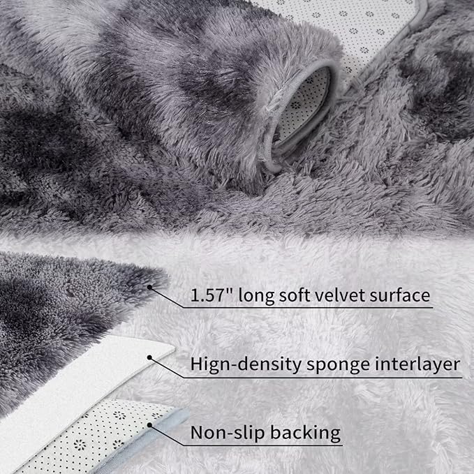Fluffy Area Rugs for Bedroom, Super Soft Shaggy Rug 5 x 8 ft, Plush Furry Indoor Modern Floor Carpet for Nursery Room Teen Kids Room Home Office Decor, Non Slip Rug, Tie-Dyed Dark Grey