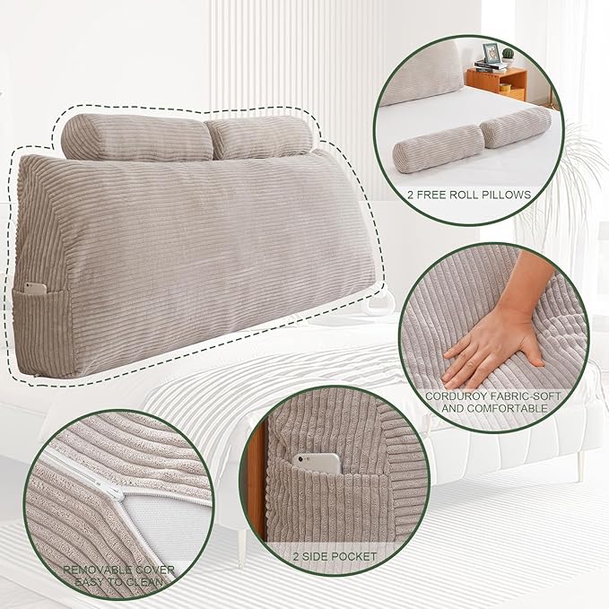 HIGOGOGO Wedge Headboard Pillow, Bed Rest Reading Pillow, Backrest Positioning Support Bolster Cushion with Removable Cover,Queen Size 60X20.4X8.4,Grey