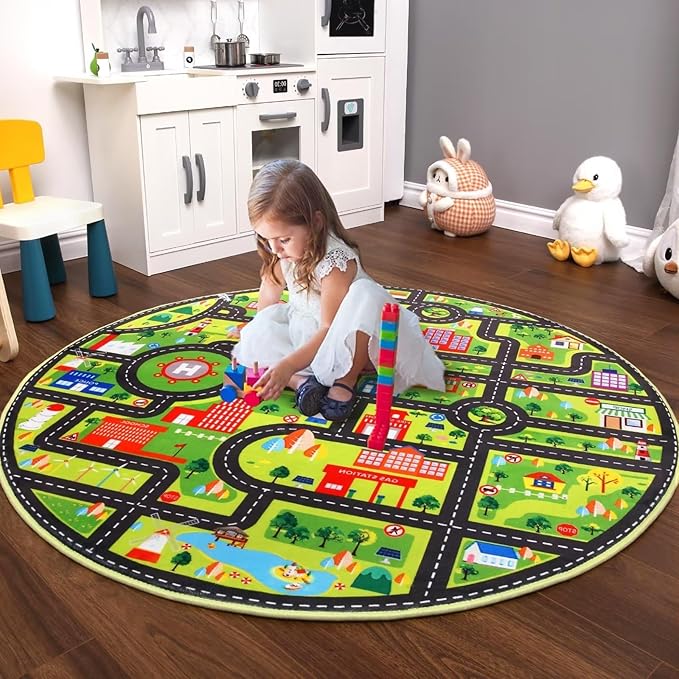 Kids Rug 4x4 Play Mats for Babies and Toddlers Car Rug Kids Room Rug Play Mat for Children Toddlers,Circle Rug Kids Classroom Playroom Play Rug Round Rug