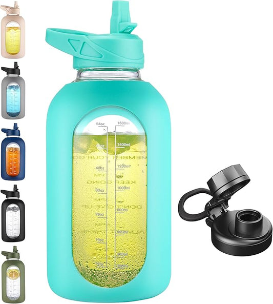 CIVAGO 64 oz Glass Water Bottle Jug with Straw and Handle, Half Gallon Sports Motivational Water Bottle with Time Marker, Large Water Flask Canteen with Silicone Sleeve for Gym,Mint Matte