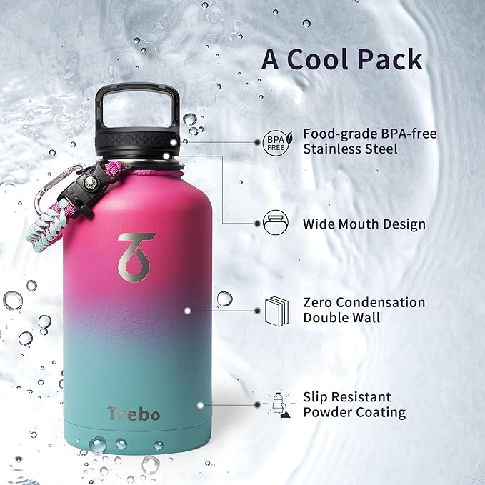 Water Bottle 64oz with Paracord Handle, Trebo Half Gallon Double Wall Vacuum Stainless Steel Insulated Jug with Straw Spout Handle Lids, Leakproof Water Flask Keep Cold Hot Thermo Canteen Mug,Rose Red