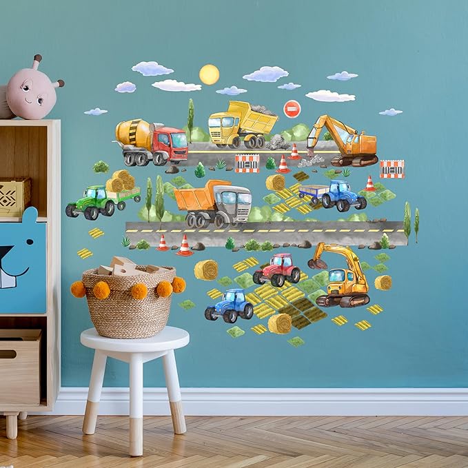 Car Wall Decals for Kids by Lipastick - Transports Wall Stickers Peel and Stick Truck Stickers – Construction Cars Wall Decals - Large Tractor Excavator City Nursery Playroom Décor S Size