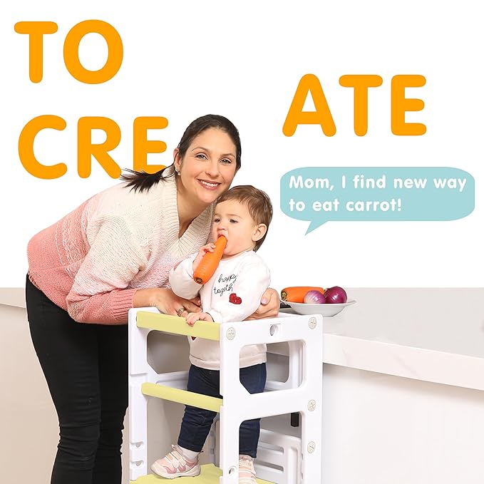 SDADI Mother's Helper Adjustable Height Plastic Kitchen Step Stool for Children, Kids Toddlers Counter Level Learning Stool for Kitchen & Bathroom, Beige and Yellow