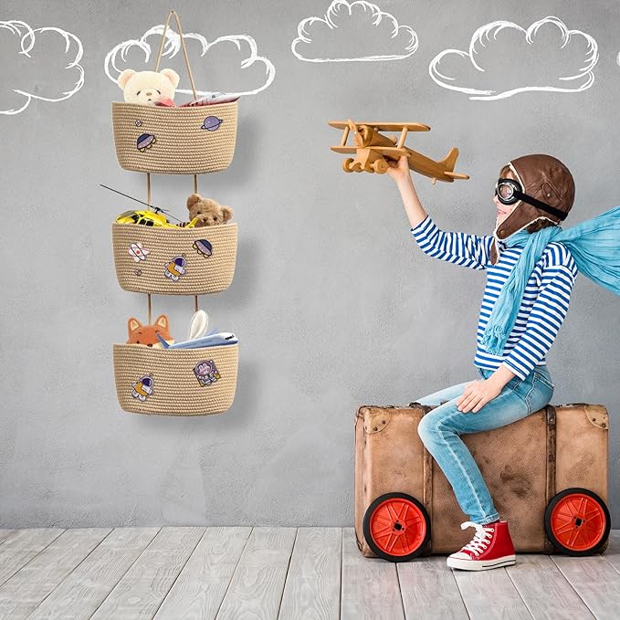 TeoKJ Over The Door Hanging Baskets, 3-Tier Woven Cotton Storage Organizer with Hooks Wall-Mounted with Self Adhesive Space Astronaut Stick Decorative Hanging Nursery Baskets - Jute