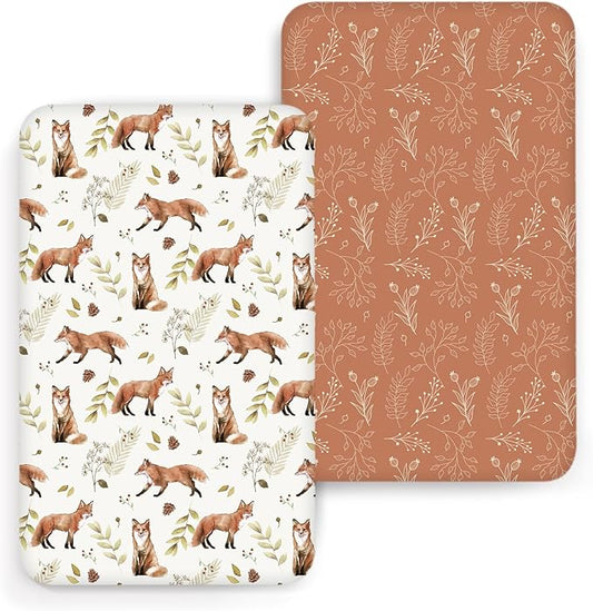 ACRABROS Crib Sheets for Girl Boy: Stretchy Baby Fitted Crib Mattress Sheets Sets 2 Pack Standard Size Ultra Soft Neutral, Fox&Leaf