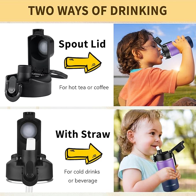 Kids Insulated Water Bottle with Straw,14oz Stainless Steel Water Bottle,BPA-free and Leak-proof,Double Wall Vacuum Water Flask for School,Gifts for Boys and Girls（14oz,Purple Navy blue）