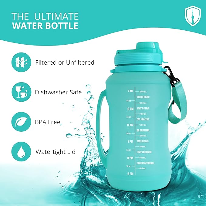 Collapsible Water Bottle for Traveling, Workout or Hiking 64oz Gen 2.0 - Motivational Water Bottle with Time Markings - Half Gallon / 2 L Capacity - BPA Free & Dishwasher Safe (Fresh Teal + Filter)