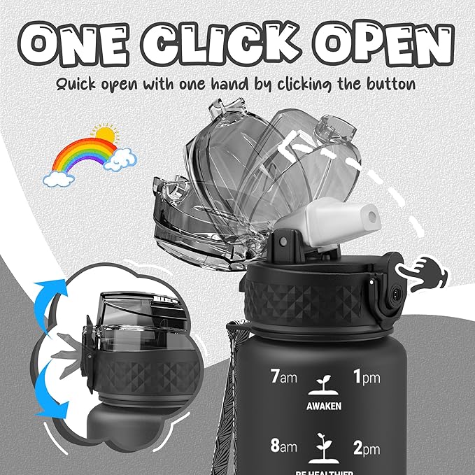 OLDLEY Kids Water Bottle for School, 17 oz (Straw Lid) BPA-Free Reusable Leak-proof Durable Tritan Plastic Water Bottles with One-handed Opening Straw Lids, Anti-dust Spout Cover (Black)