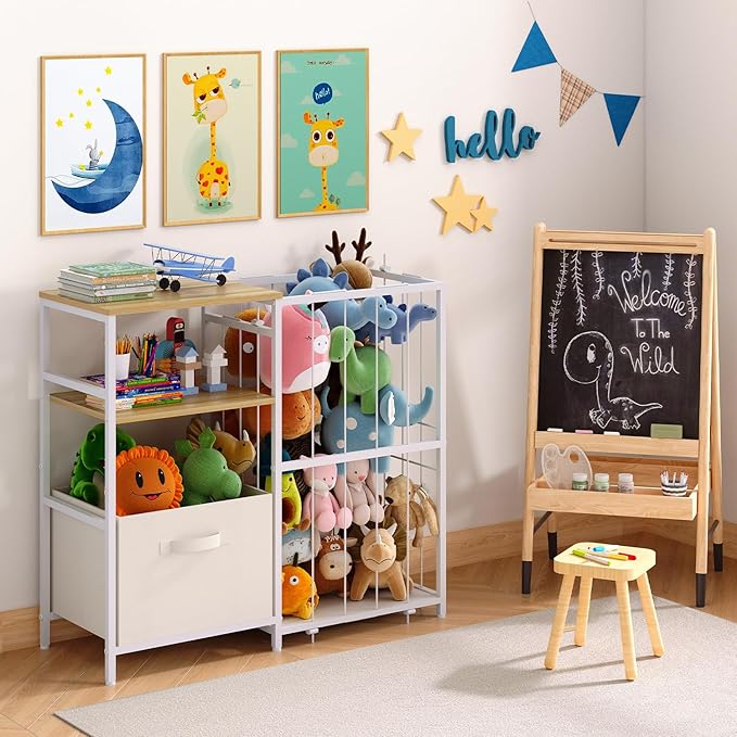 Stuffed Animal Storage, Kids Toy Storage Organizer with Toy Box for Boys Girls Kids Toddlers Baby, Stuff Animal Organizer with Elastic Cord for Playroom Living Room and Kids Room Organization