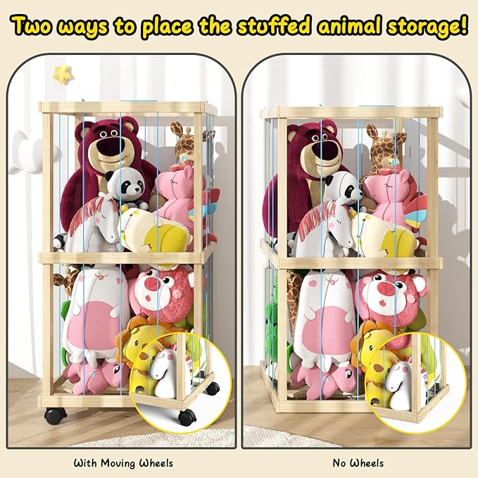 Stuffed Animal Zoo Storage Cage 35" Wood Large Stuffed Animal Storage Basket, PatioDeco Toy Storage for Big Small Stuffed Animals, Large Toy Organizer Holder for Kids Girls Boys