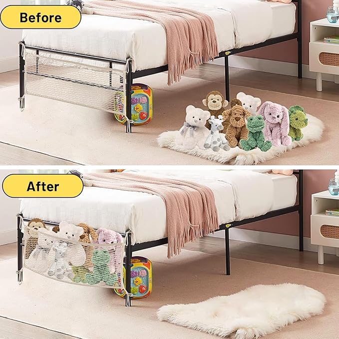 Stuffed Animal Storage Net for Kids, Bedside Toy Organizer Net - Neatly Store Your Stuffed Animals, 2 Pack Cotton Bedside Stuffed Animal Storage Net with Tether, Stretches up to 32 Inches, Beige