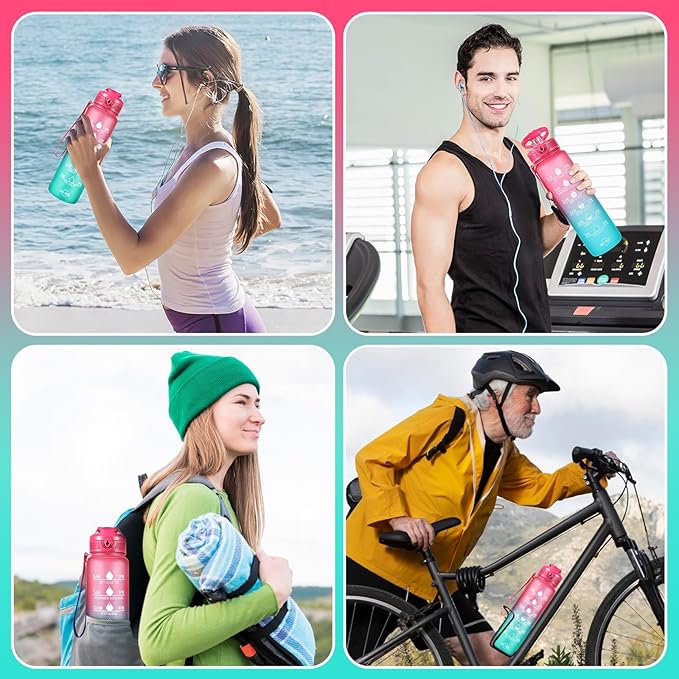 Water Bottle 32 oz, Motivational Sports Water Bottles Tritan BPA Free Water Bottle No Straw With Time Marker, Wide Mouth Leakproof Water Bottle with Strap for Gym Fitness Hiking Bike Camping - Pink