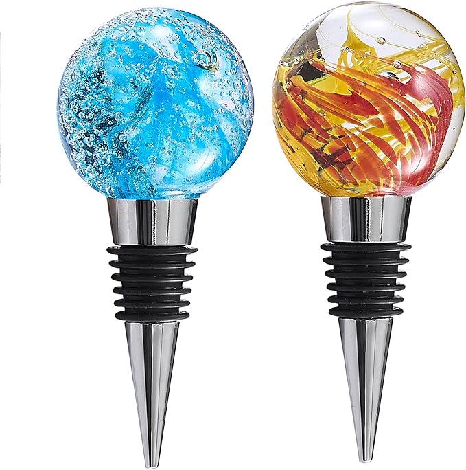 Murano Glass Wine Bottle Stopper Blue Yellow Blown Glass Art Deco Ball, Reusable Wine Stoppers for Beverage Bottle Stoppers Decorative Wine Saver for Gifts, Bar, Holiday Party, Wedding, Pack of 2