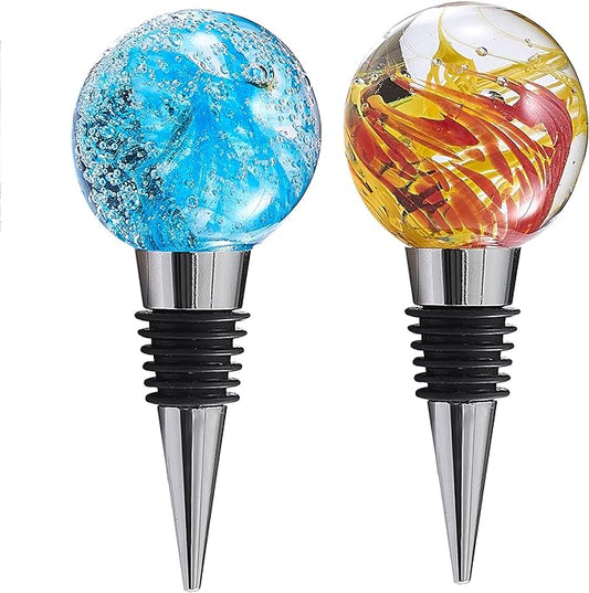 Murano Glass Wine Bottle Stopper Blue Yellow Blown Glass Art Deco Ball, Reusable Wine Stoppers for Beverage Bottle Stoppers Decorative Wine Saver for Gifts, Bar, Holiday Party, Wedding, Pack of 2
