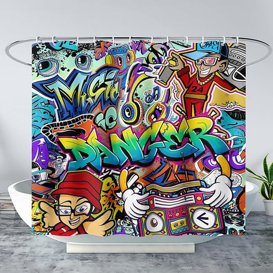 AILONEN Hip Hop Graffiti Shower Curtain for Bathroom,Colorful Graffiti Music Dancer Bathroom Curtain for Kids Boys Girls,Bath Curtain 48" W*72" H Polyester Waterproof Bathroom Curtain with 12 Hooks